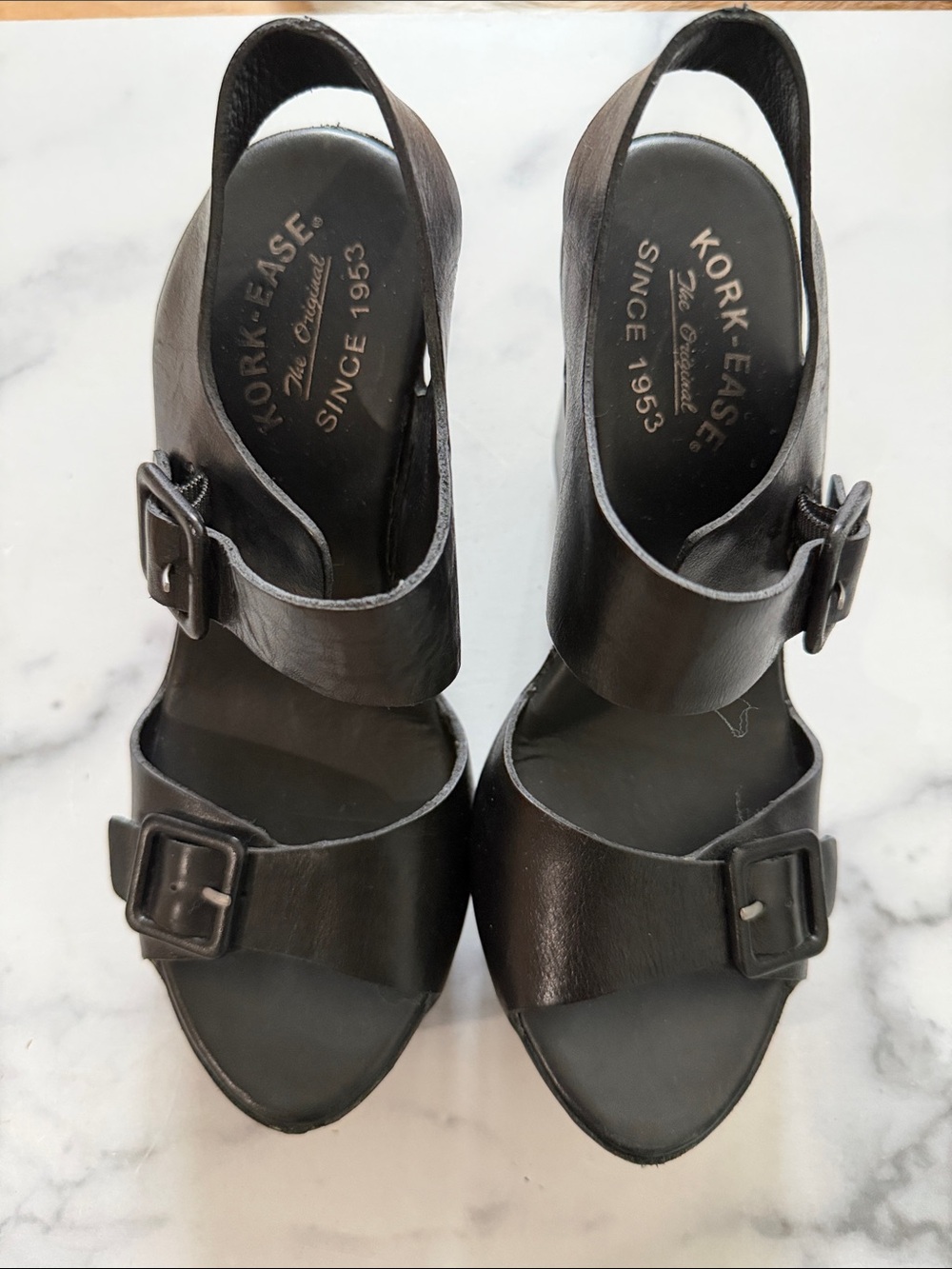 Kork-Ease Black Leather Buckle Slingback Sandals